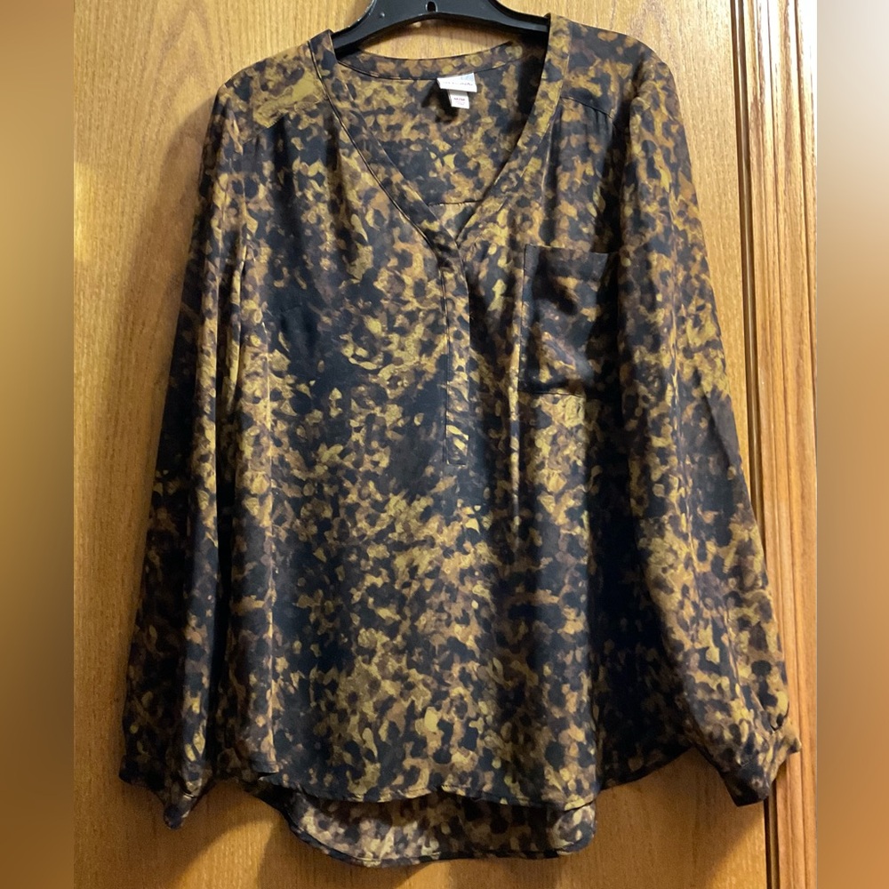 Stylish Black and Brown Merona Sheer Women's V-Neck Top with 2 Hidden Buttons.